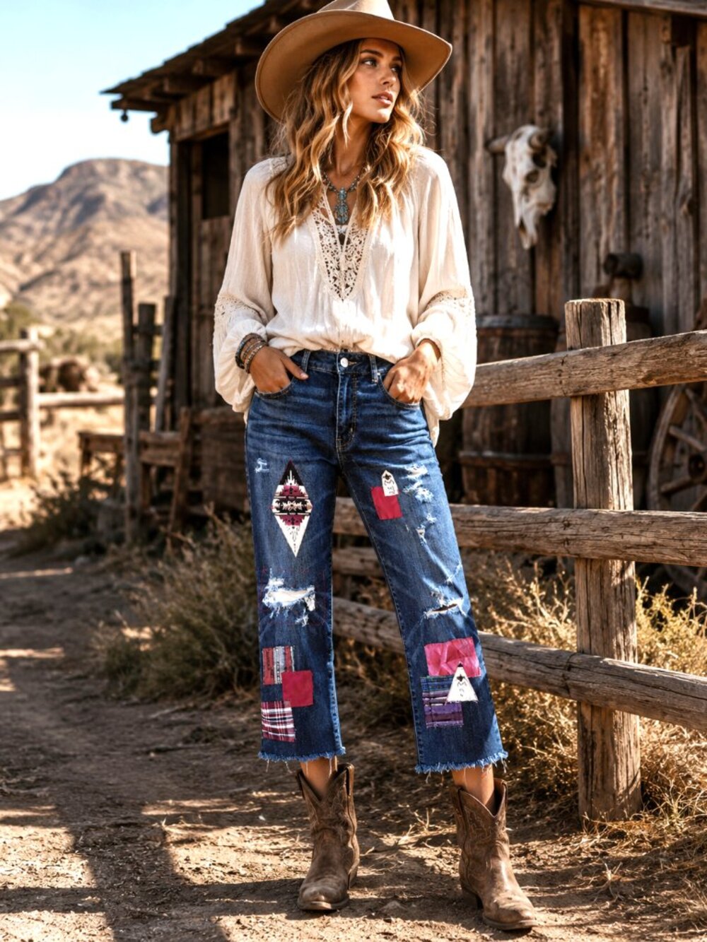 Upcycled Aztec Tribal Patchwork Jeans Distressed Cropped Denim Junior Size 12